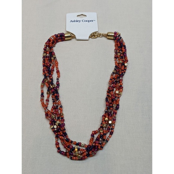 Ashley Cooper Jewelry - Bold Seed Bead Necklace Autumn Orange Purple Gold Tone Boho Ashley Cooper ~16"
